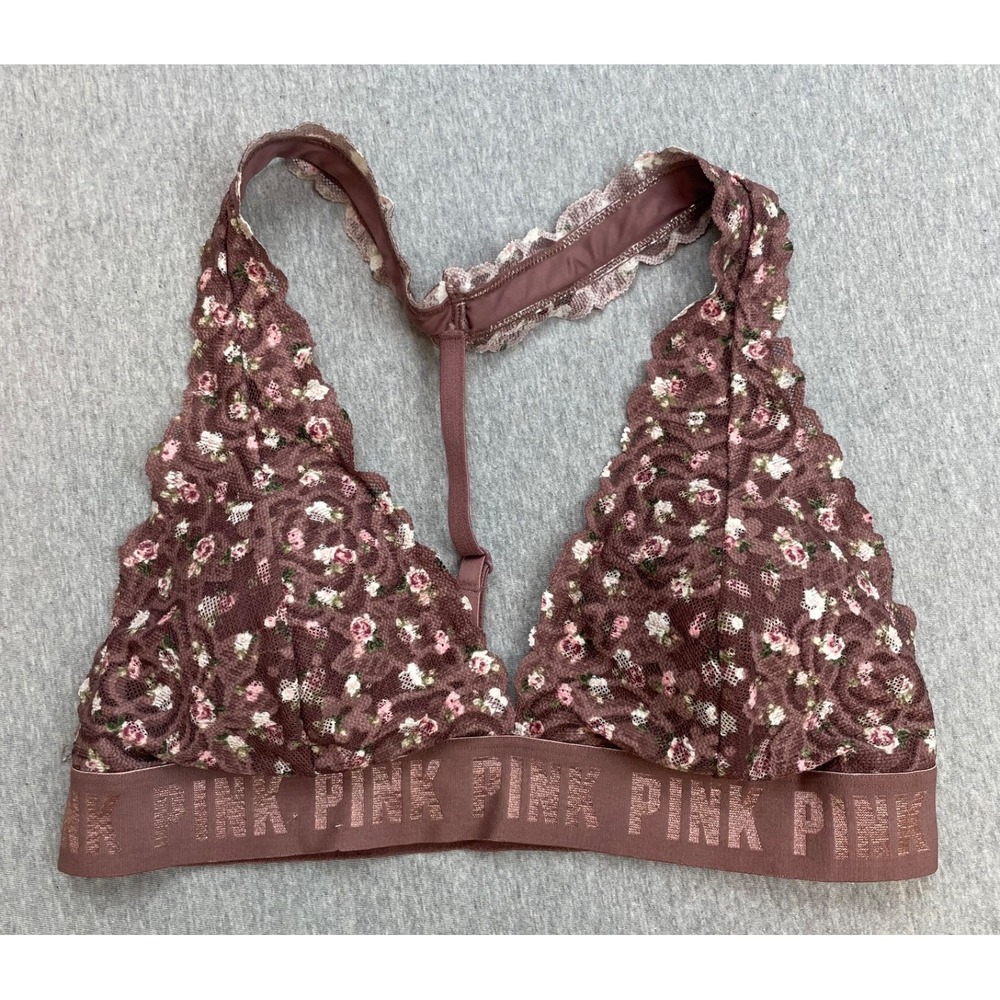 Victorias Secret Pink Bralette Bra Womens Medium Lace Floral Wireless